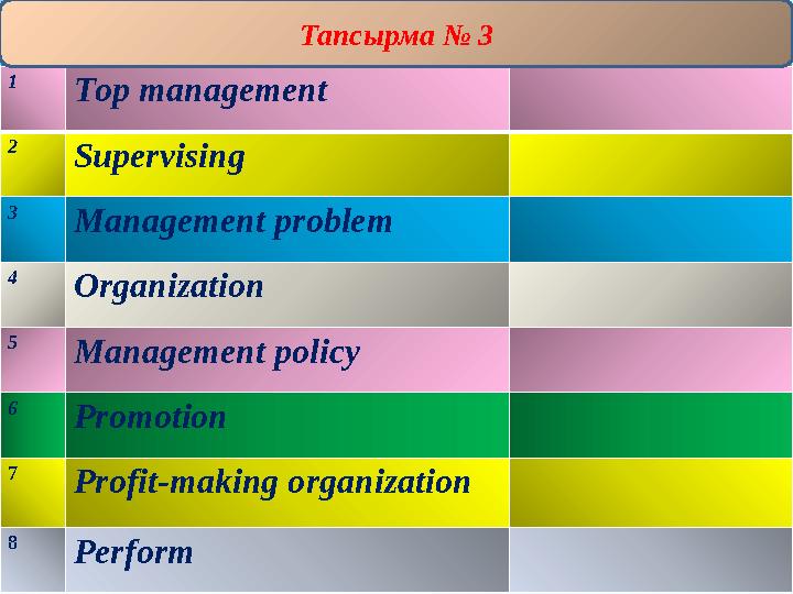 1 Тop management 2 S upervising 3 M anagement problem 4 O rganization 5 M anagement policy 6 P romotion 7 P rofit-making org