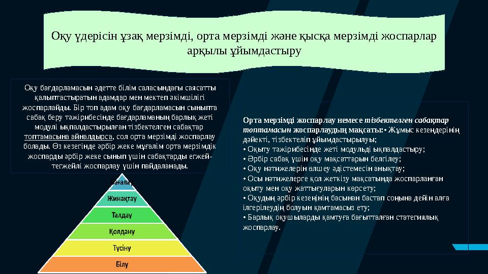 Оқу үдерісін ұзақ мерзімді, орта мерзімді және қысқа мерзімді жоспарлар арқылы ұйымдастыру Оқу бағдарламасын әдетте білім салас