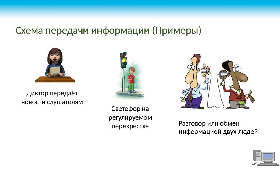Схема передачи информации (Примеры) Диктор передаёт новости слушателям Светофор на регулируемом перекрестке Разговор или обме