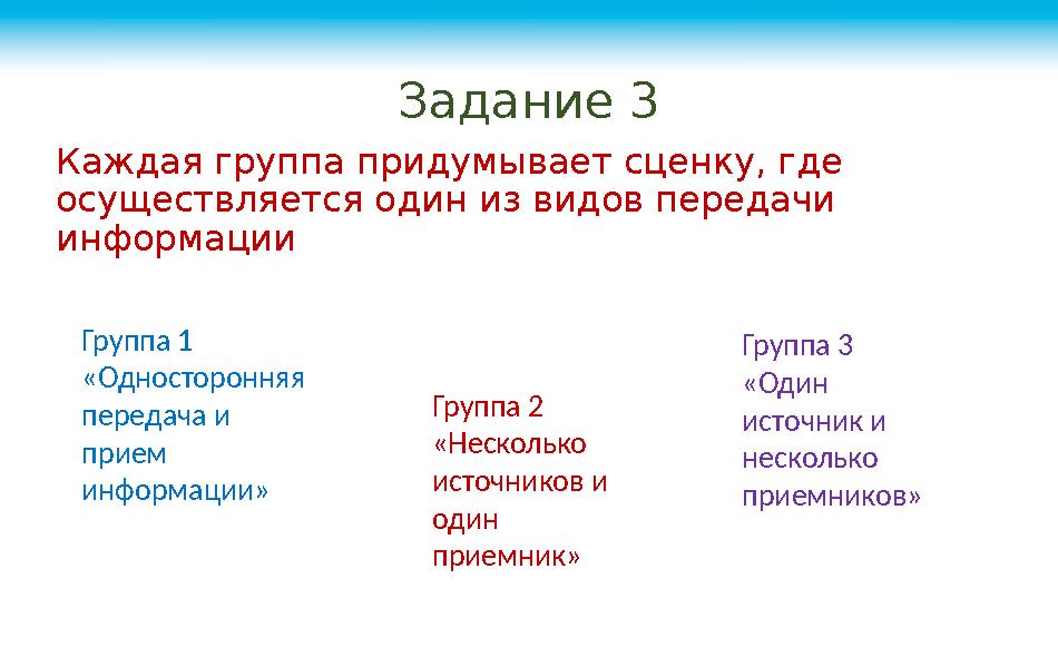 Каждая группа придумывает сценку, где осуществляется один из видов передачи информации Задание 3 Группа 1 «Односторонняя пер