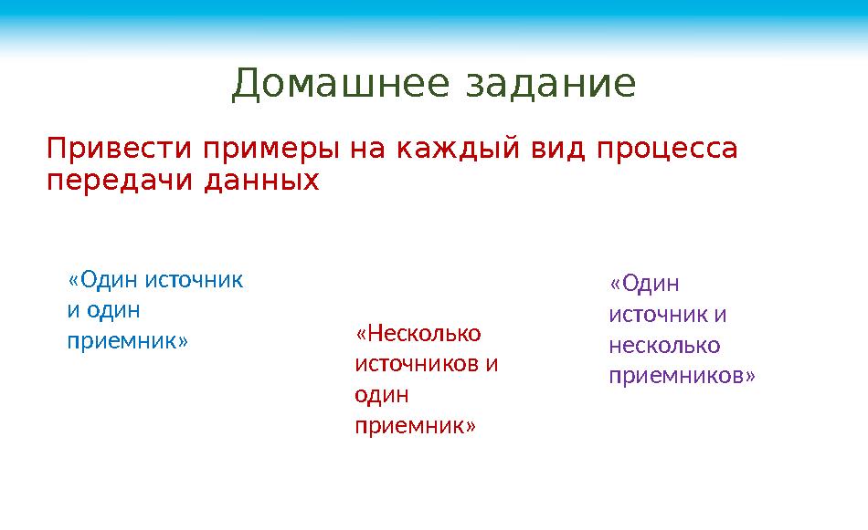 Привести примеры на каждый вид процесса передачи данных Домашнее задание «Один источник и один приемник» «Несколько источник