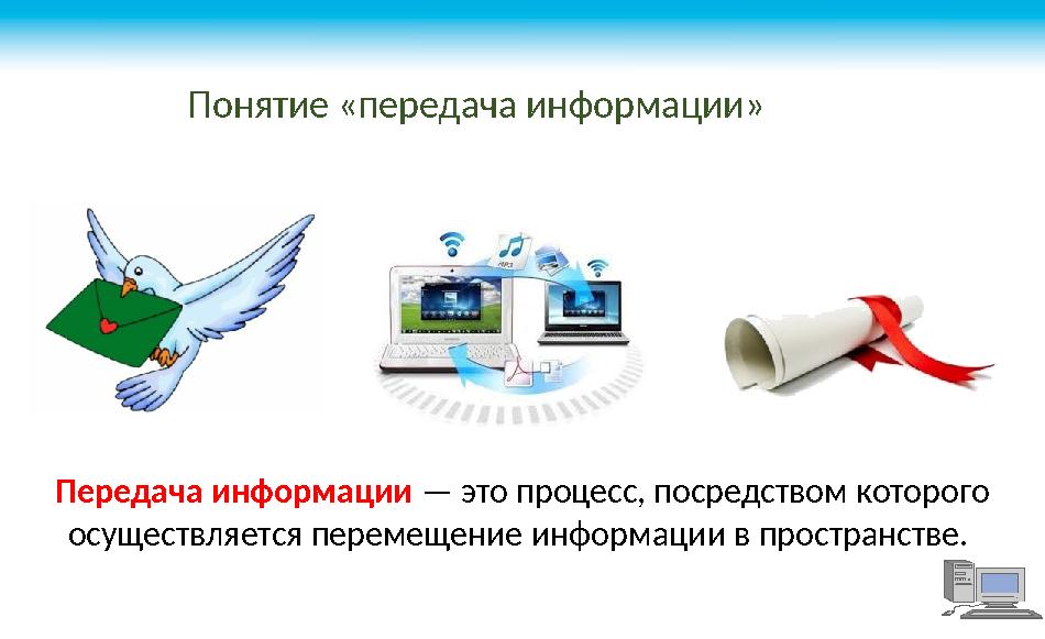 Передача информации — это процесс, посредством которого осуществляется перемещение информации в пространстве. Понятие «пере
