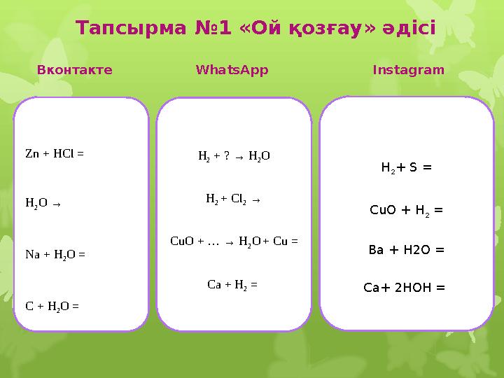 Тапсырма №1 «Ой қозғау» әдісі Вконтакте WhatsApp Instagram Zn + HCl = H 2 O → Na