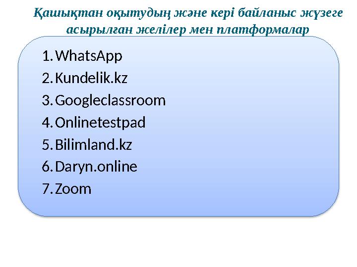 1. WhatsApp 2. Kundelik.kz 3. Googleclassroom 4. Onlinetestpad 5. Bilimland.kz 6. Daryn.online 7. ZoomҚашықтан оқытудың және к