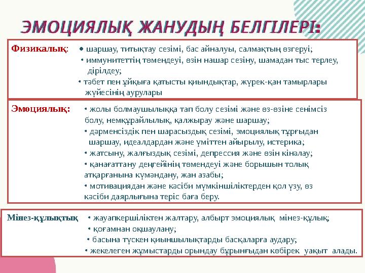 Физикалық : • шаршау, титықтау сезімі, бас айналуы, салмақтың өзгеруі; • иммунитеттің төмен