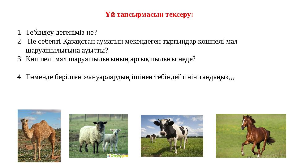 Үй тапсырмасын тексеру: 1. Тебіндеу дегеніміз не? 2. Не себепті Қазақстан аумағын мекендеген тұрғындар көшпелі мал шаруашылығ