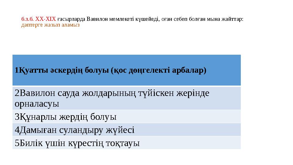 б.з.б. XX-XIX ғасырларда Вавилон мемлекеті күшейеді, оған себеп болған мына жайттар: дәптерге жазып аламыз 1Қуатты әскердің бо