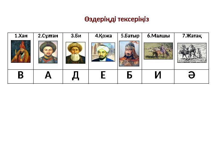 Өздеріңді тексеріңіз 1.Хан 2.Сұлтан 3.Би 4.Қожа 5.Батыр 6.Малшы 7.Жатақ В А Д Е Б И Ә