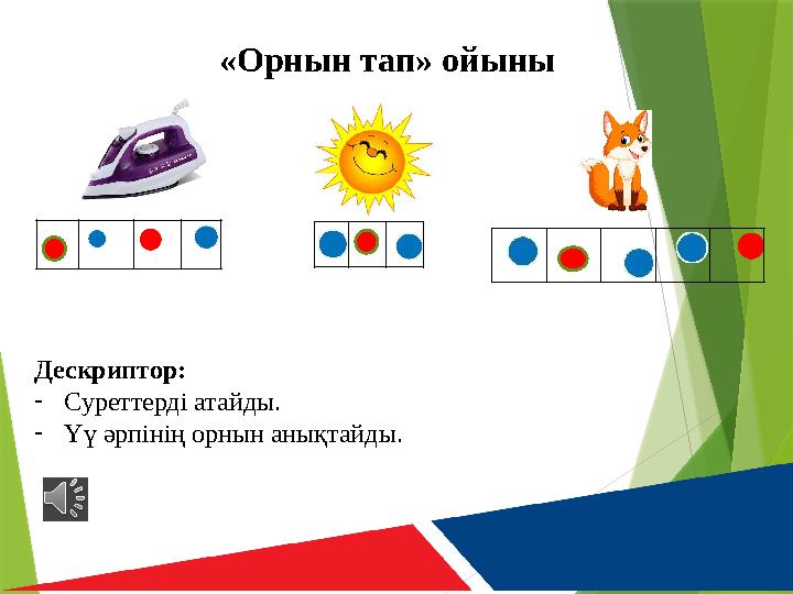 «Орнын тап» ойыны Дескриптор: - Суреттерді атайды. - Үү әрпінің орнын анықтайды. Ү