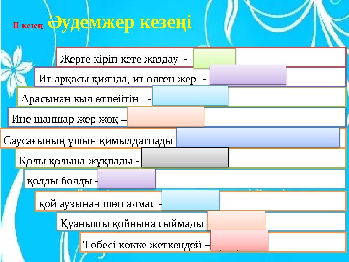 ІІ кезең Әудемжер кезеңі Ине шаншар жер жоқ – толық, тығызАрасынан қыл өтпейтін - Тату, дос Ит арқасы қиянда, ит өлген ж