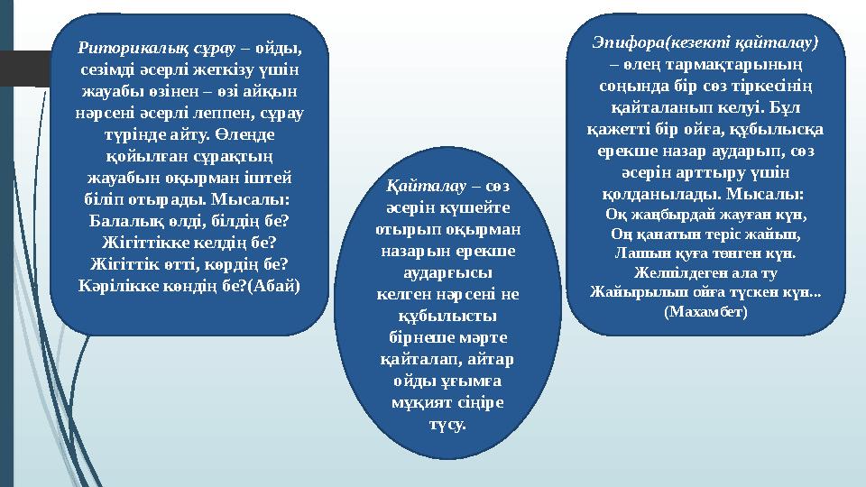 Риторикалық сұрау – ойды, сезімді әсерлі жеткізу үшін жауабы өзінен – өзі айқын нәрсені әсерлі леппен, сұрау түрінде айту.