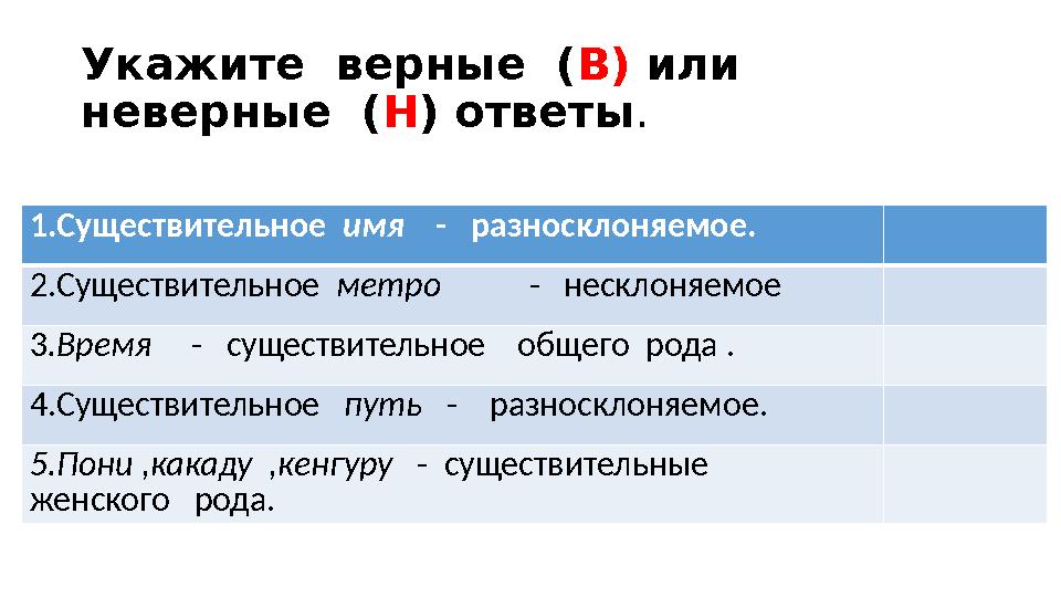 Укажите верные ( В) или неверные ( Н ) ответы . 1.Существительное имя - разносклоняемое. 2.Существительное метро