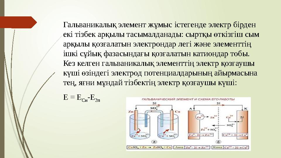 Гальваникалық элемент жұмыс істегенде электр бірден екі тізбек арқылы тасымалданады: сыртқы өткізгіш сым арқылы қозғалатын эле