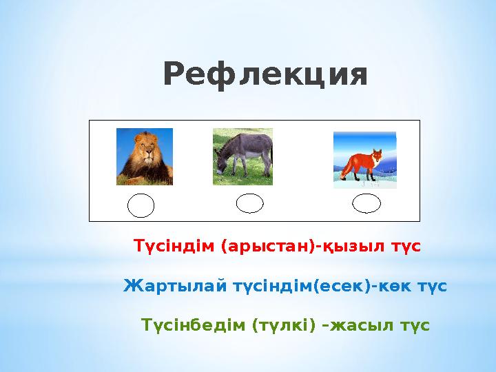 Түсіндім (арыстан)-қызыл түс Жартылай түсіндім(есек)-көк түс Түсінбедім (түлкі)