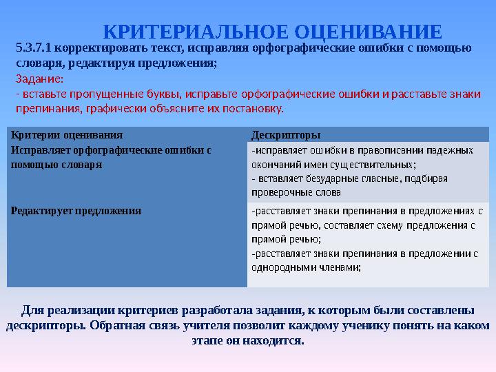 КРИТЕРИАЛЬНОЕ ОЦЕНИВАНИЕ 5.3.7.1 корректировать текст, исправляя орфографические ошибки с помощью словаря, редактируя предложен