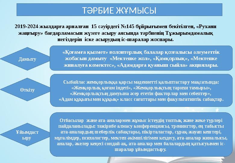 ТӘРБИЕ ЖҰМЫСЫ 2019-2024 жылдарға арналған 15 сәуірдегі №145 бұйрығымен бекітілген, «Рухани жаңғыру» бағдарламасын жүзеге асыру