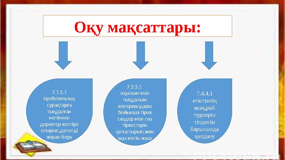 Оқу мақсаттары: 7.1.5.1 проблемалы қ сұрақтарға тыңдалған мәтіннен деректер келтіре отырып,дәлелді жауап беру 7.4.4.1 ет