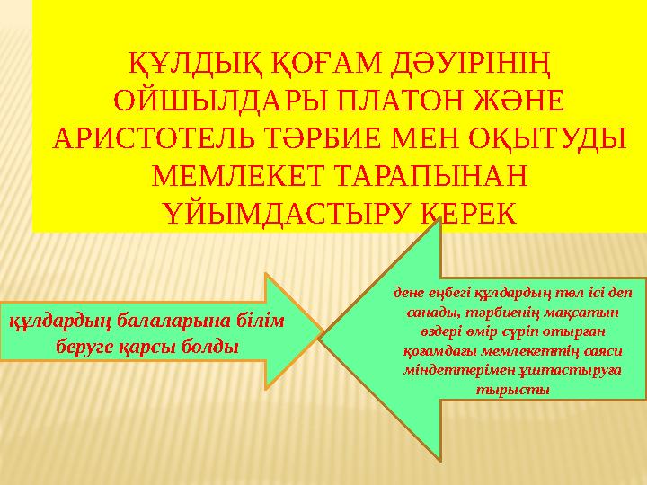 ҚҰЛДЫҚ ҚОҒАМ ДӘУІРІНІҢ ОЙШЫЛДАРЫ ПЛАТОН ЖӘНЕ АРИСТОТЕЛЬ ТӘРБИЕ МЕН ОҚЫТУДЫ МЕМЛЕКЕТ ТАРАПЫНАН ҰЙЫМДАСТЫРУ КЕРЕК құлдардың ба