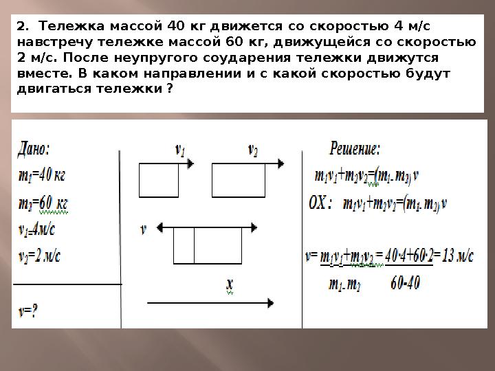 2. Тележка массой 40 кг движется со скоростью 4 м/с навстречу тележке массой 60 кг, движущейся со скоростью 2 м/с. После неу