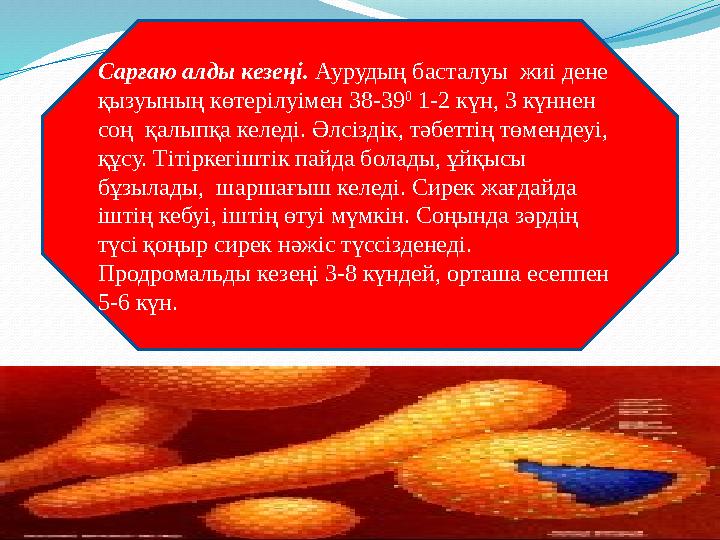 Сарғаю алды кезеңі. Аурудың басталуы жиі дене қызуының көтерілуімен 38-39 0 1-2 күн, 3 күннен соң қалыпқа келеді. Әлсіздік