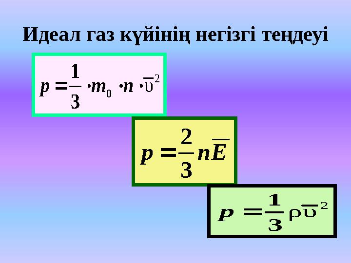 Идеал газ к үйінің негізгі теңдеуі2 υ     n m р 0 3 1 E n р 3 2  2 υ ρ 3 1  р