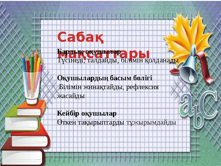 Сабақ мақсаттары ­ Барлық оқушылар Түсінеді,­талдайды, ­білімін ­қолданады Оқушылардың басым бөлігі ­ Білімін ­жинақтайды, ­