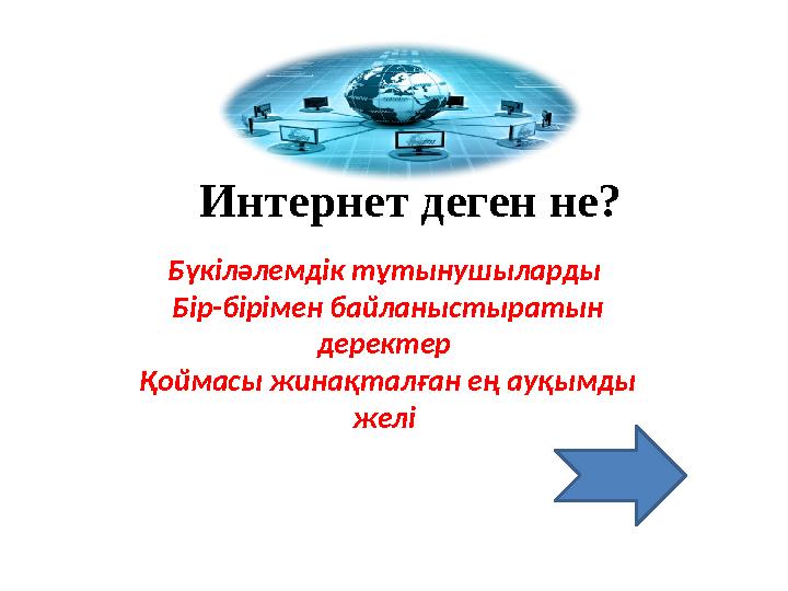 Интернет деген не? Бүкіләлемдік тұтынушыларды Бір-бірімен байланыстыратын деректер Қоймасы жинақталған ең ауқымды желі