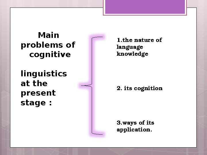 Main problems of cognitive linguistics at the present stage : 1.the nature of language knowledge 2. i