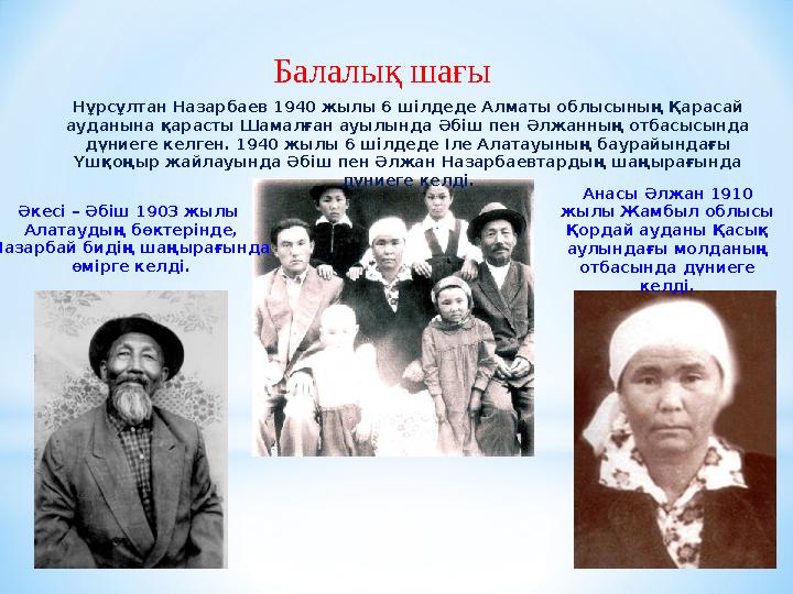 Нұрсұлтан Назарбаев 1940 жылы 6 шілдеде Алматы облысының Қарасай ауданына қарасты Шамалған ауылында Әбіш пен Әлжанның отбасысын