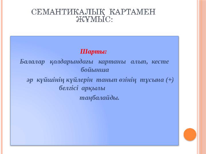 СЕМАНТИКАЛЫҚ КАРТАМЕН ЖҰМЫС: Шарты: Балалар қолдарындағы картаны алып, кесте бойынша әр күйшінің кү
