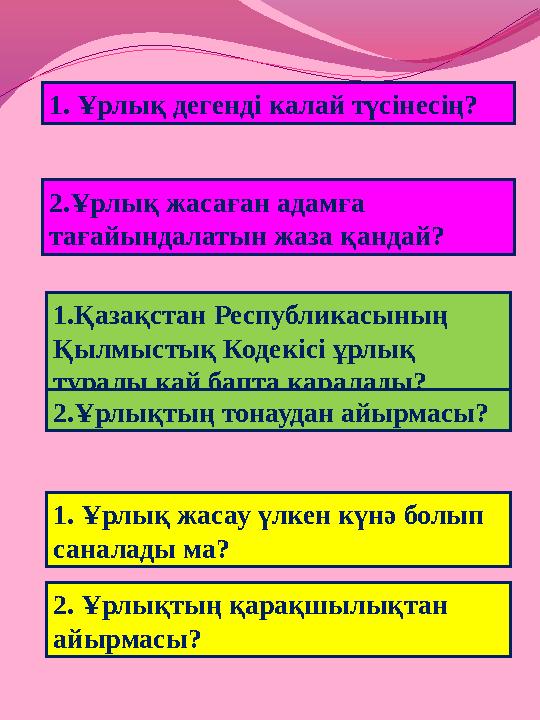 1. Ұрлық дегенді калай түсінесің? 2.Ұрлық жасаған адамға тағайындалатын жаза қандай? 1. Ұрлық жасау үлкен күнә болып саналады