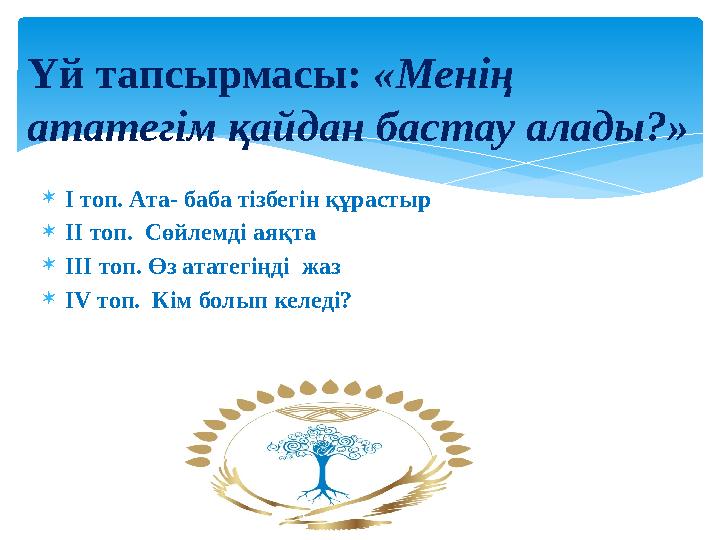  I топ. Ата- баба тізбегін құрастыр  II топ. Сөйлемді аяқта  III топ. Өз ататегіңді жаз  IV топ. Кім болып келеді?Үй