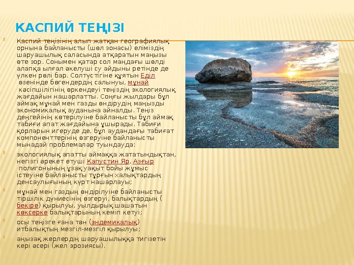 КАСПИЙ ТЕҢІЗІ  Каспий теңізінің алып жатқан географиялық орнына байланысты (шөл зонасы) еліміздің шаруашылық саласында атқара