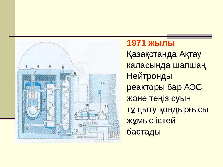 1971 жылы Қазақстанда Ақтау қаласында шапшаң Нейтронды реакторы бар АЭС және теңіз суын тұщыту қондырғысы жұмыс істей бастады.