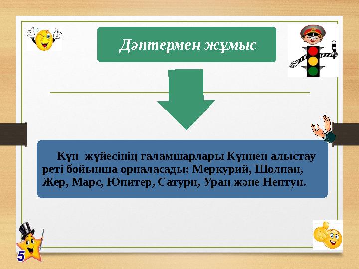 Дәптермен жұмыс Күн жүйесінің ғаламшарлары Күннен алыстау реті бойынша орналасады: Меркурий, Шолпан, Жер, Марс, Юпи