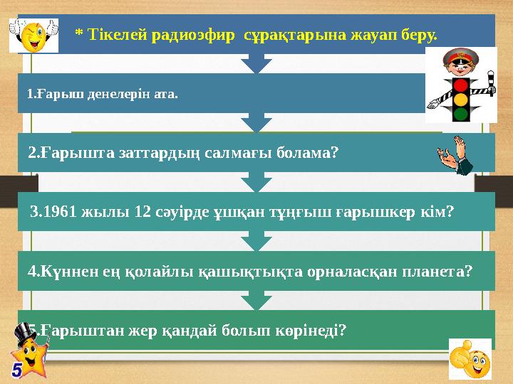 5.Ғарыштан жер қандай болып көрінеді? 4.Күннен ең қолайлы қашықтықта орналасқан планета? 3.1961 жылы 12 сәуірде ұшқан тұңғыш ға