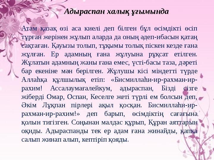 Адыраспан халық ұғымында Атам қазақ өзі аса киелі деп білген бұл өсімдікті өсіп тұрған жерінен жұлып аларда да оның әд