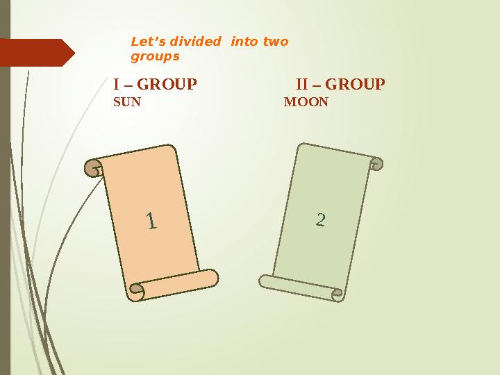 1 2 2Let’s divided into two groups I – GROUP II – GROUP SUN M