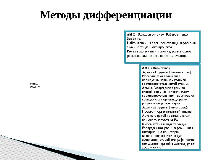 - работа в паре - по ролям в группе - групповая способность - по заданиям АМО «Навигатор» Задание 1 группы (большинство):