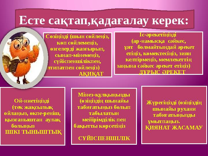 Сөзіңізді (шын сөйлеңіз, көп сөйлемеңіз, өзгелерді жазғырып, сынап-мінемеңіз, сүйіспеншілікпен, ілтипатпен сөйлеңіз)