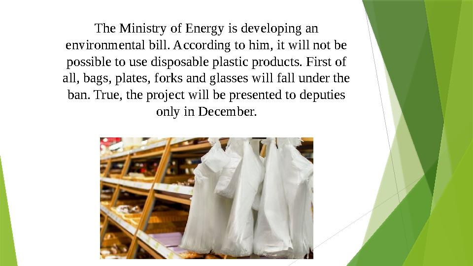 The Ministry of Energy is developing an environmental bill. According to him, it will not be possible to use disposable plasti