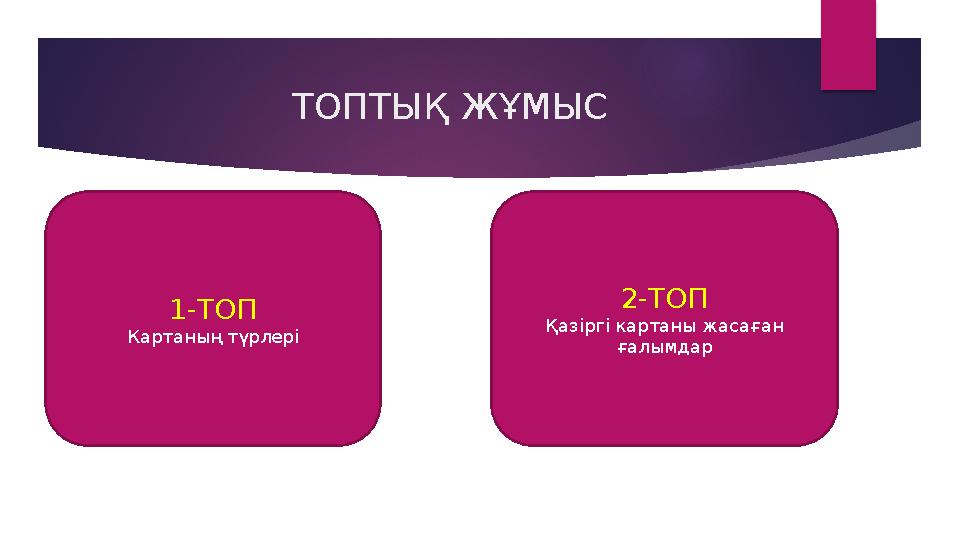 ТОПТЫҚ ЖҰМЫС 1-ТОП Картаның түрлері 2-ТОП Қазіргі картаны жасаған ғалымдар