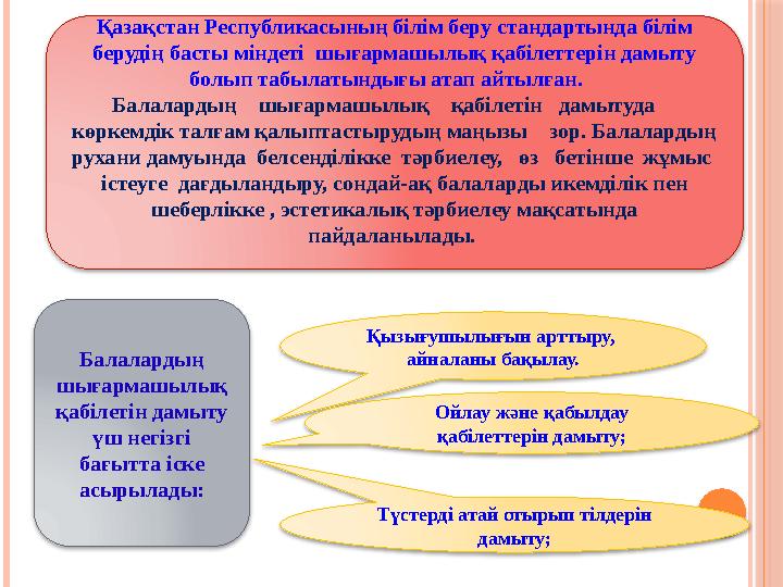 Балалардың шығармашылық қабілетін дамыту үш негізгі бағытта іске асырылады: Қызығушылығын арттыру, айналаны бақылау. Ойла