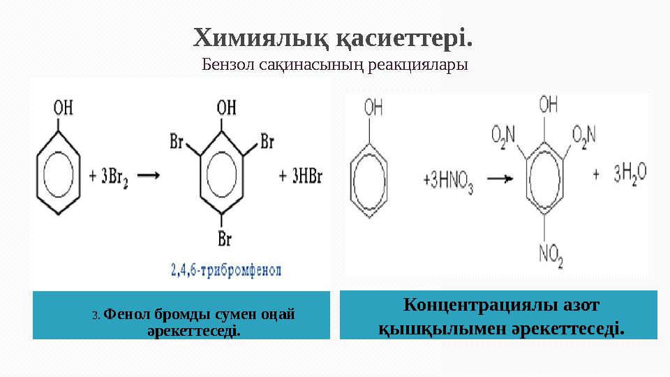 Химиялық қасиеттері. Бензол сақинасының реакциялары  3. Фенол бромды сумен оңай әрекеттеседі. Концентрациялы азот қышқылым