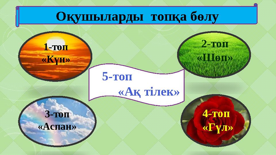Оқушыларды топқа бөлу 1-топ «Күн» 2-топ «Шөп» 3-топ «Аспан» 4-топ «Гүл»5-топ « Ақ тілек »
