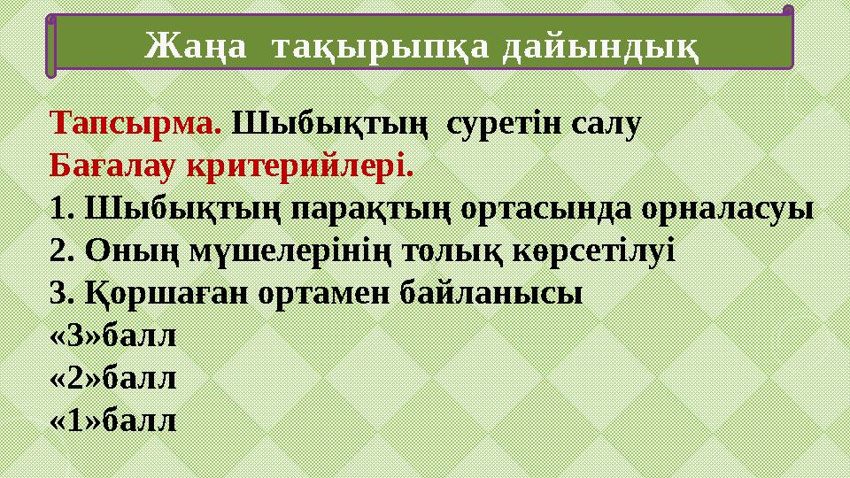 Жаңа тақырыпқа дайындық Тапсырма. Шыбықтың суретін салу Бағалау критерийлері. 1. Шыбықтың парақтың ортасында орналасуы 2. Он