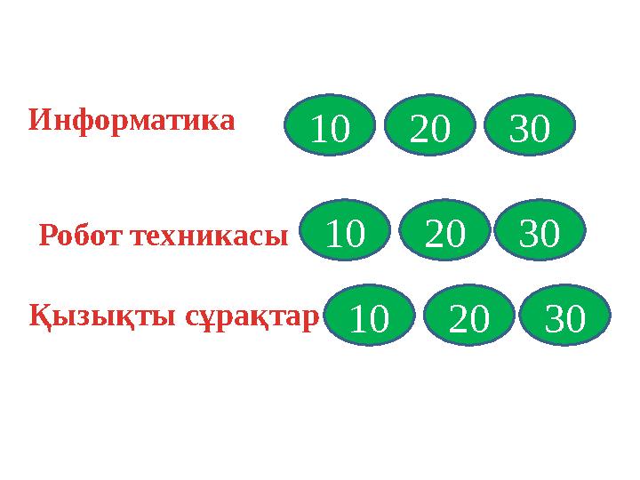 Информатика Қызықты сұрақтар Робот техникасы 10 20 30 10 20 30 10 20 30