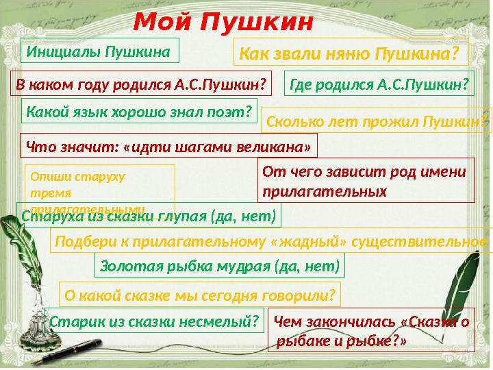 Инициалы Пушкина Золотая рыбка мудрая (да, нет) Где родился А.С.Пушкин ? Старуха из сказки глупая (да, нет) Как