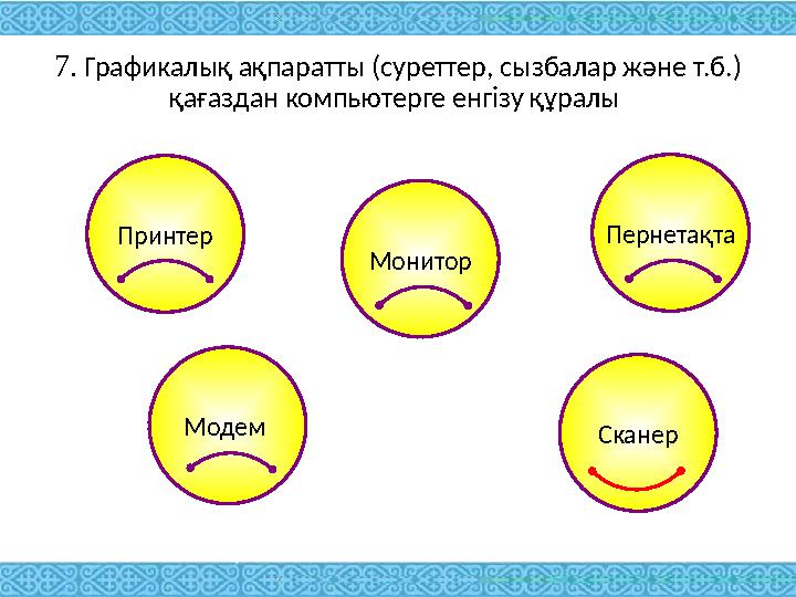 7. Графикалық ақпаратты (суреттер, сызбалар және т.б.) қағаздан компьютерге енгізу құралы Принтер Пернетақта Модем Монитор