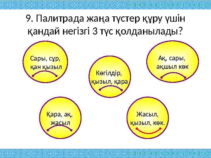 9. Палитрада жаңа түстер құру үшін қандай негізгі 3 түс қолданылады? Сары, сұр, қан қызыл Ақ, сары, ақшыл көк Көгілдір, қыз